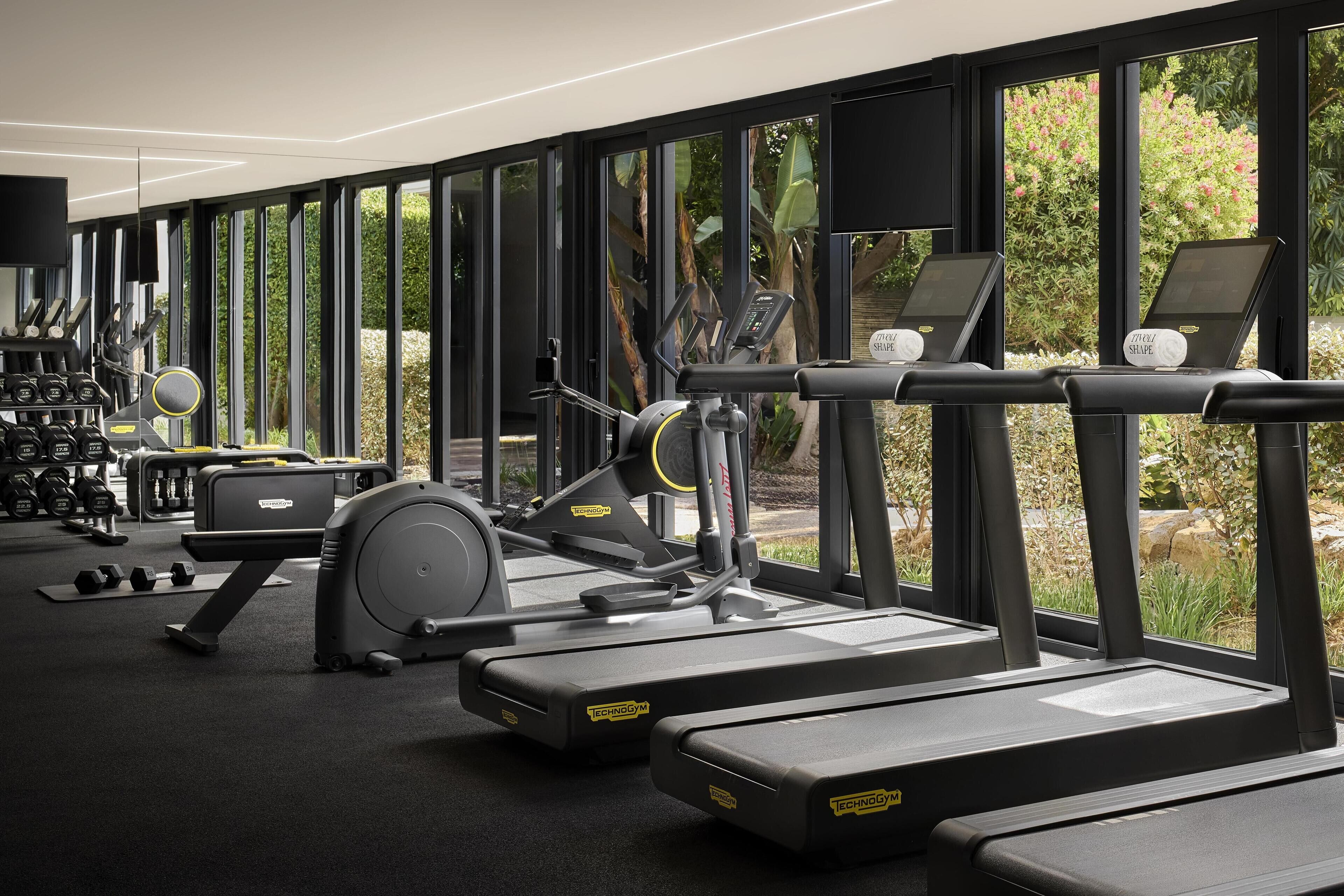 A gym with treadmills, elliptical machines, and dumbbells.