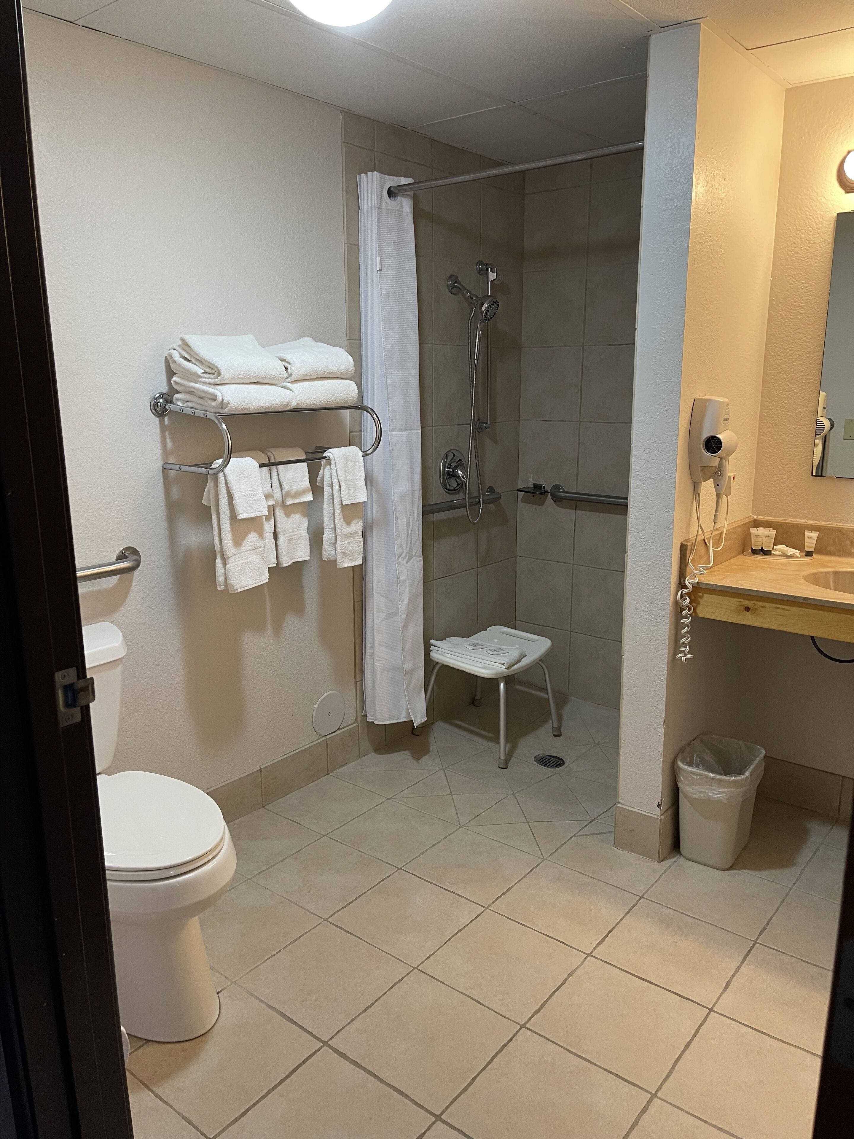 Een badkamer met een toilet, een douche met glazen deur, een handdoekrek en een wastafel met spiegel.