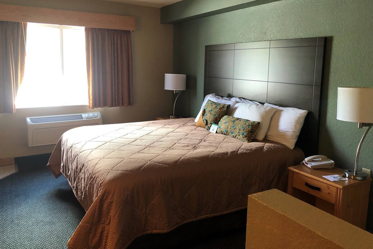 A hotel room with a large bed, a bedside table with a lamp, a window with curtains, and a wall-mounted air conditioner.