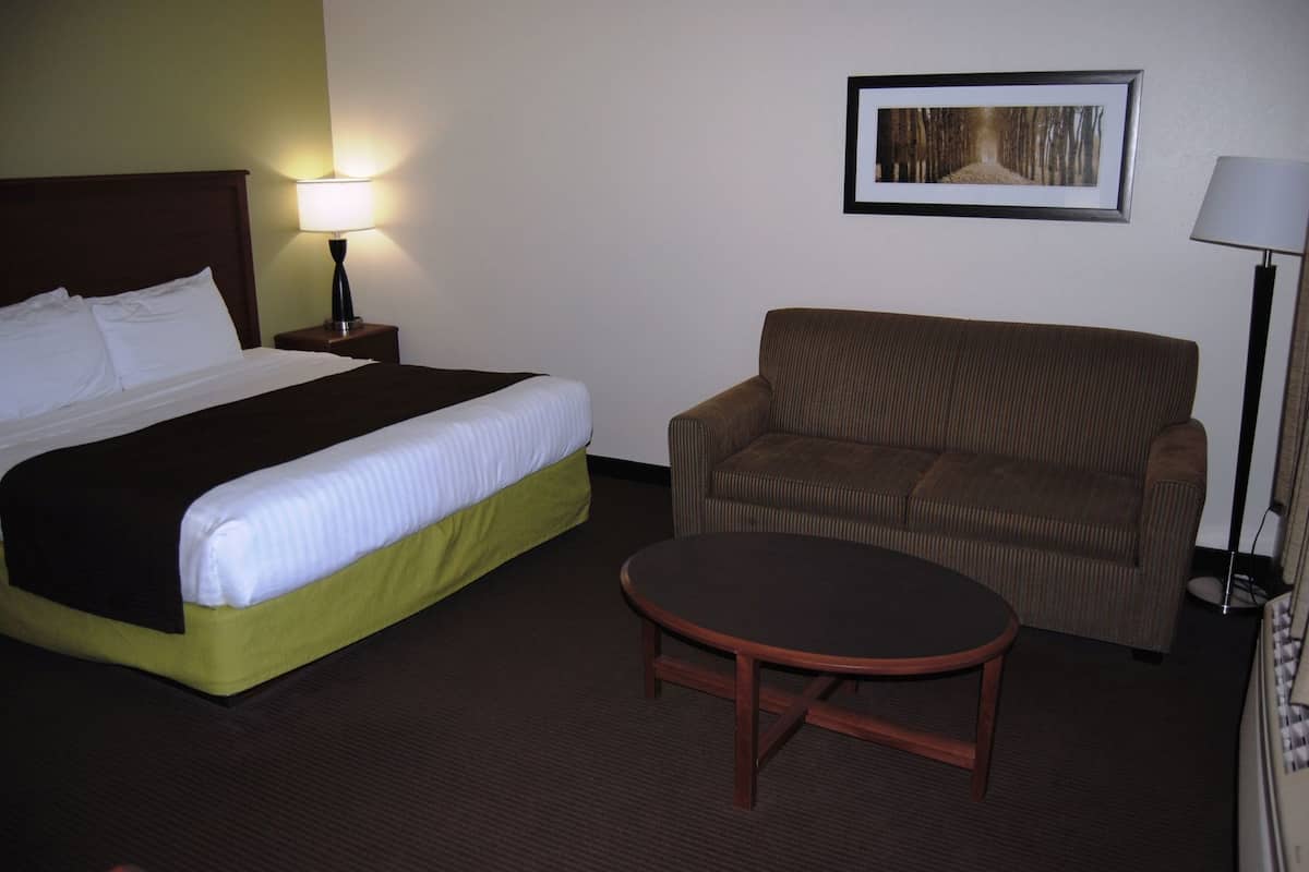 A hotel room with a bed, a sofa, a small table, and a framed picture on the wall.