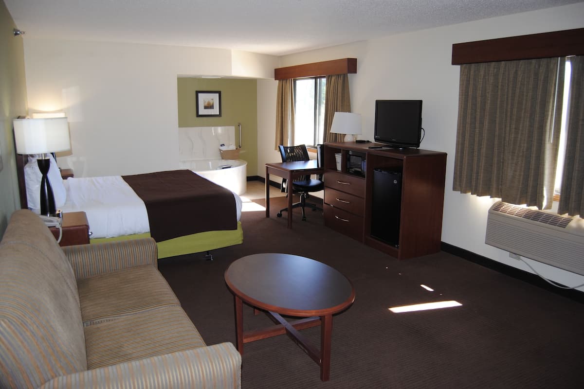 A hotel room with a bed, a desk, a chair, a sofa, and a television.