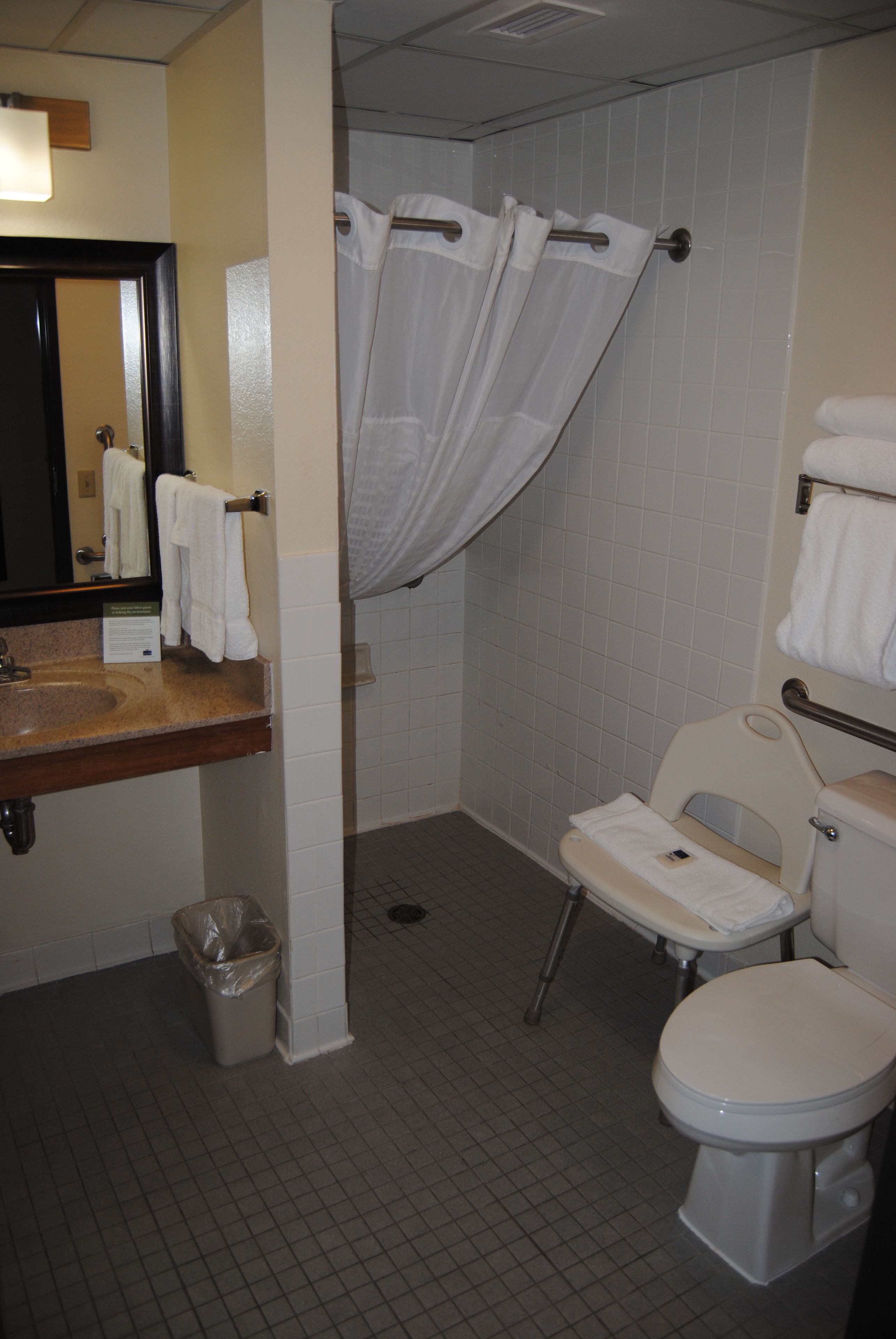 Ein Badezimmer mit Waschbecken, Spiegel, Toilette, Duschvorhang und Mülleimer.