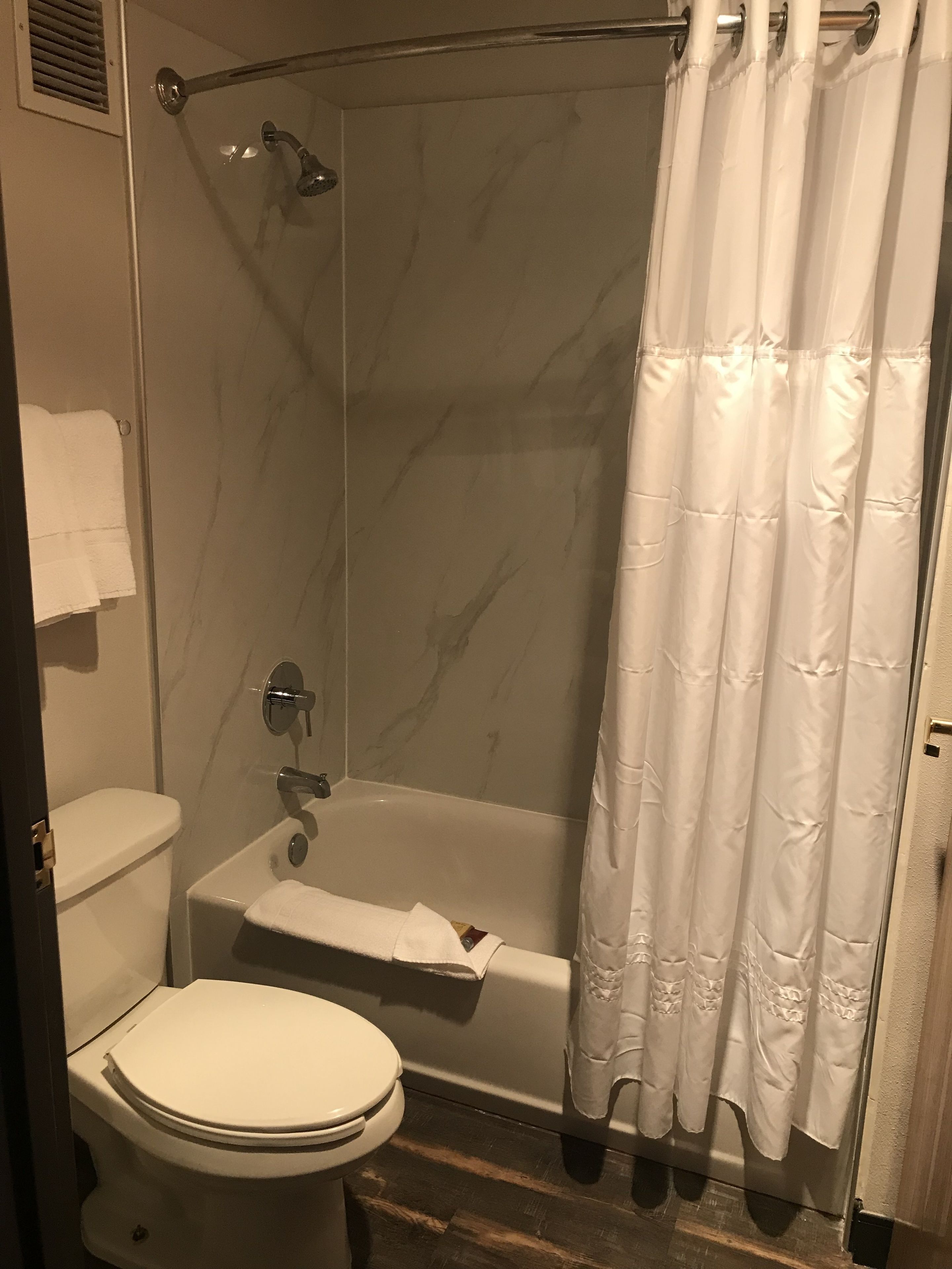 A bathroom with a toilet, a bathtub, and a shower.