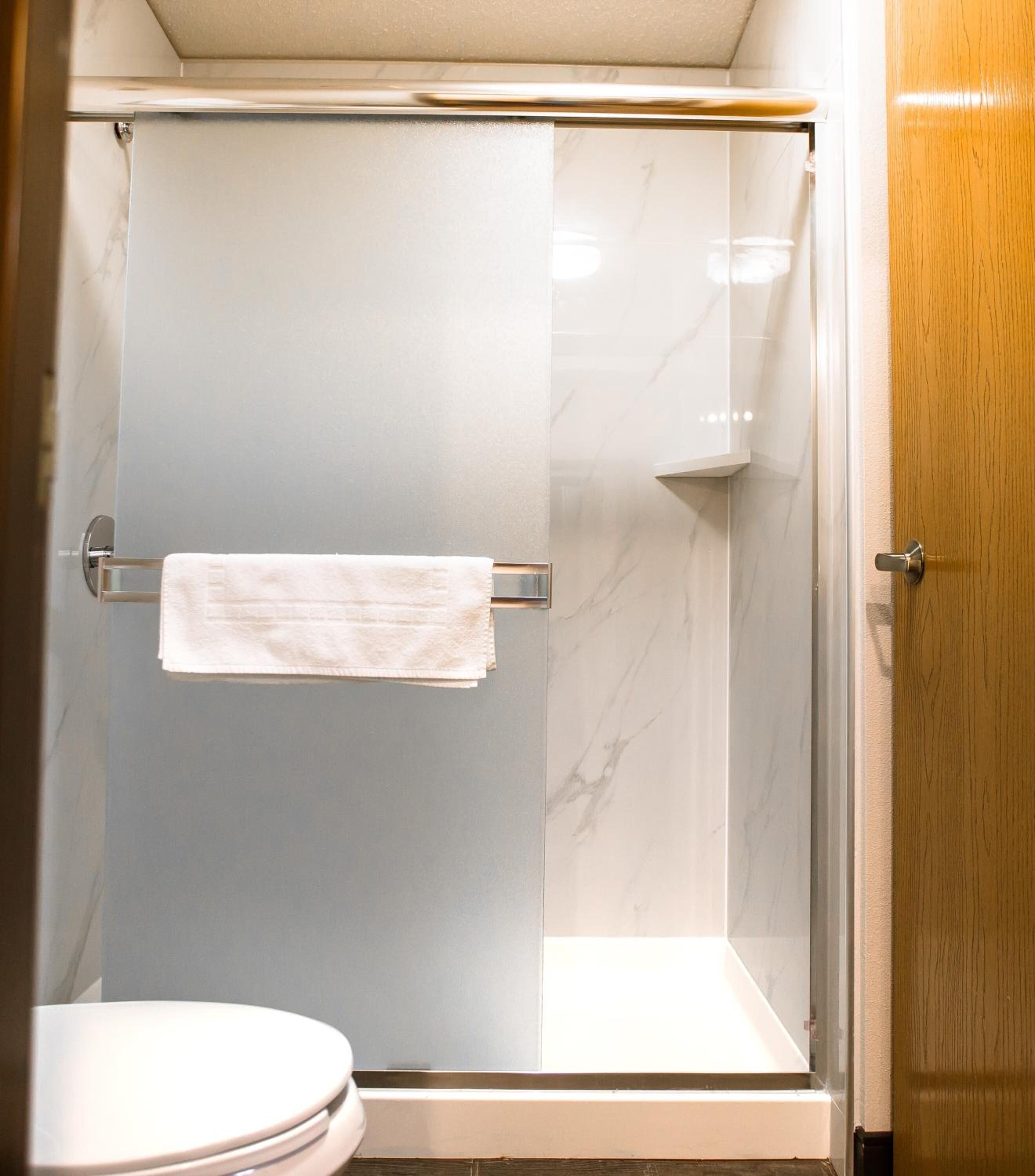A modern bathroom with a glass shower enclosure, a white toilet, and a wooden door.
