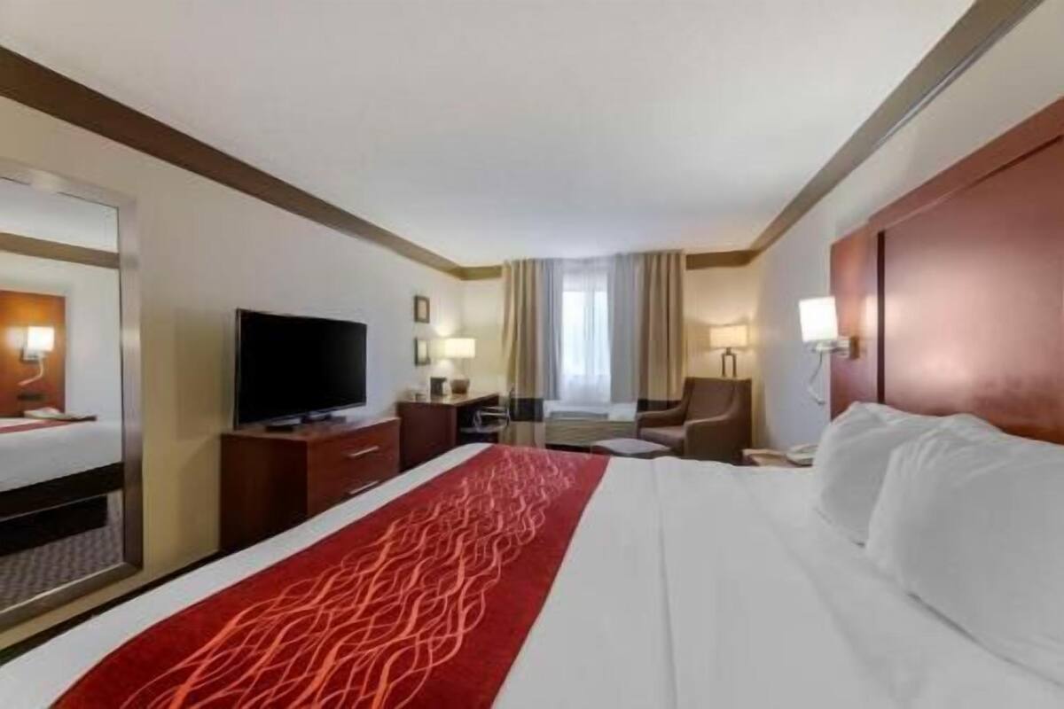 A hotel room with a bed, a television, a desk, and a chair.
