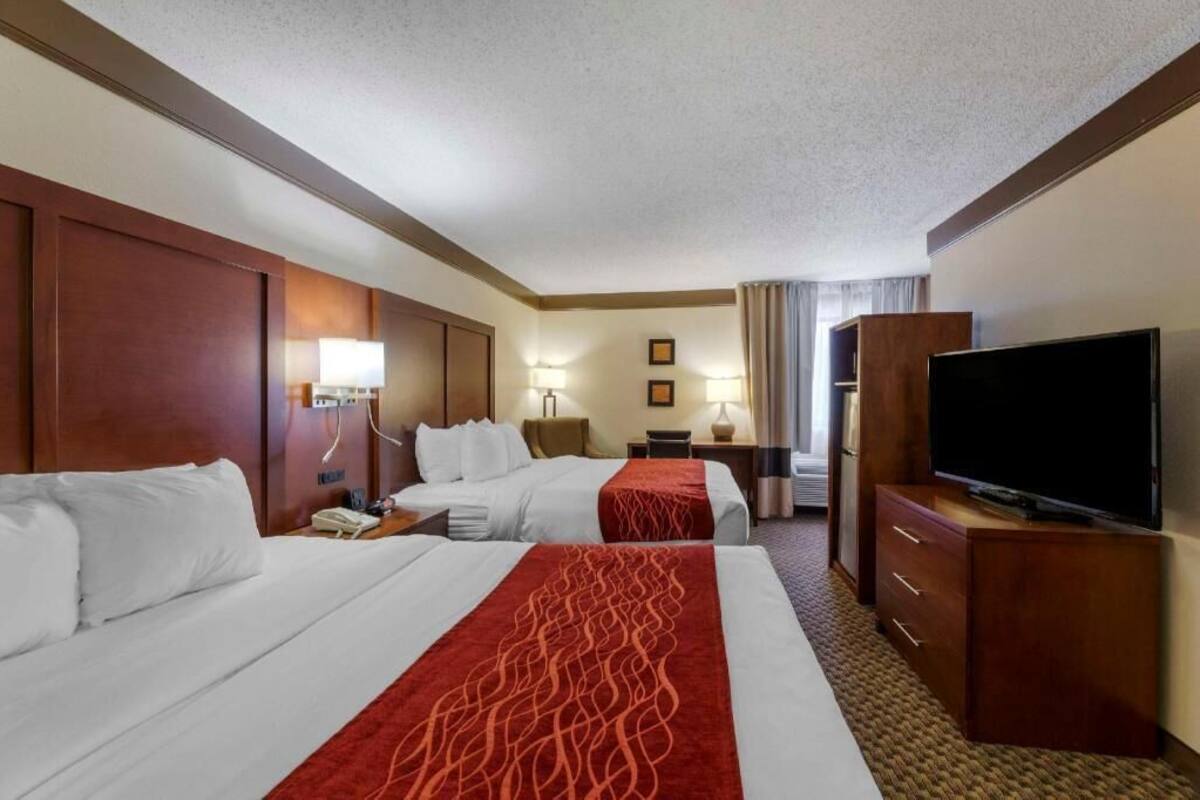 A hotel room with two beds, a TV, a desk, and a lamp.