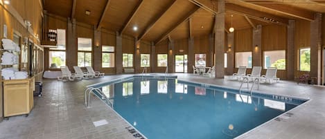 Indoor pool, open 9:00 AM to 10:00 PM, pool loungers