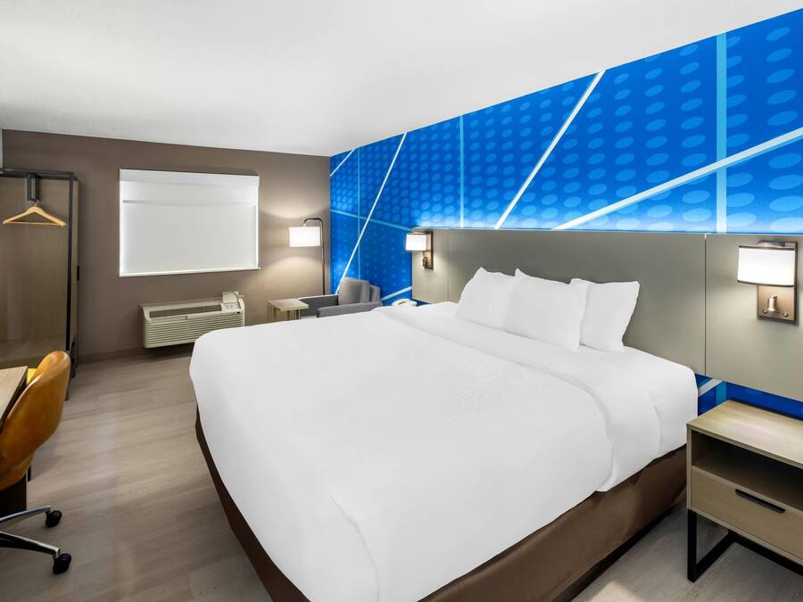 Premium bedding, desk, laptop workspace, blackout curtains