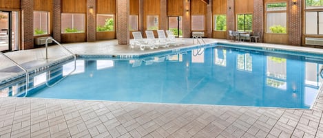 Indoor pool, open 9:00 AM to 10:00 PM, sun loungers