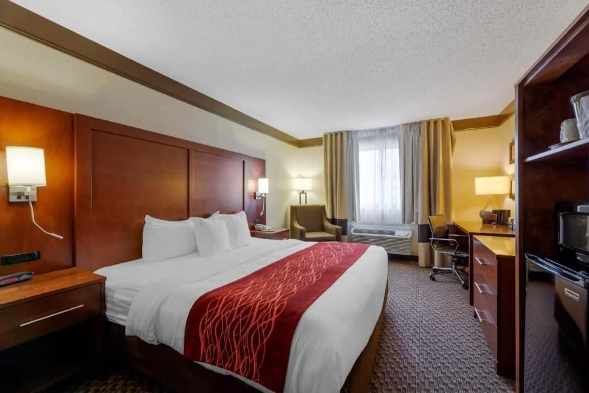 A hotel room with a large bed, a desk, a chair, a television, and a desk lamp.
