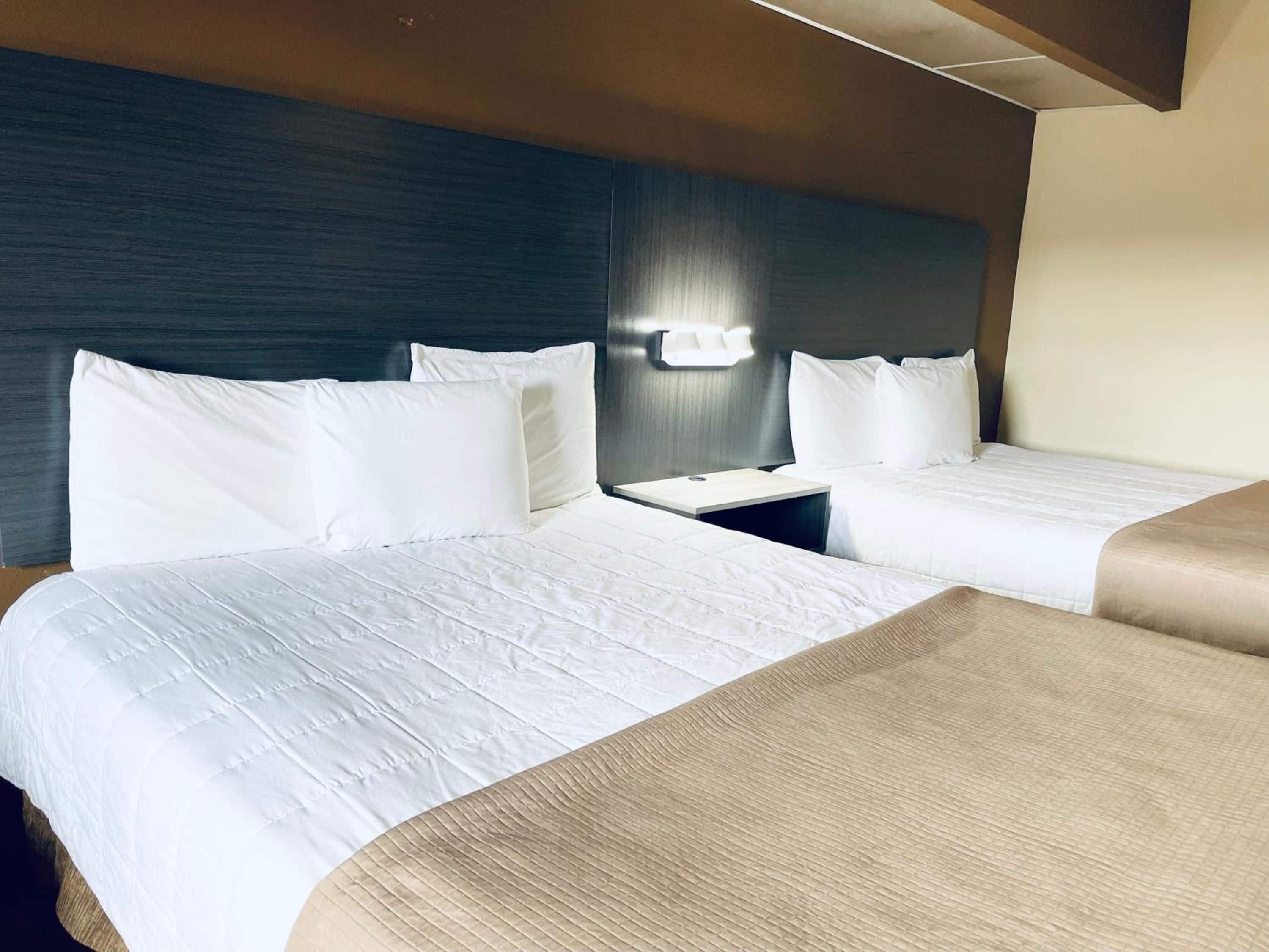 A hotel room with two beds, a nightstand, and a wall-mounted light fixture.