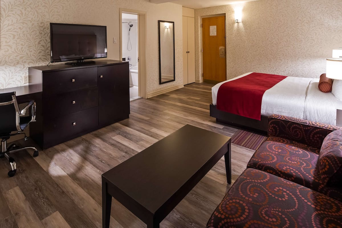 A hotel room with a bed, a sofa, a desk with a chair, a TV, and a mirror.