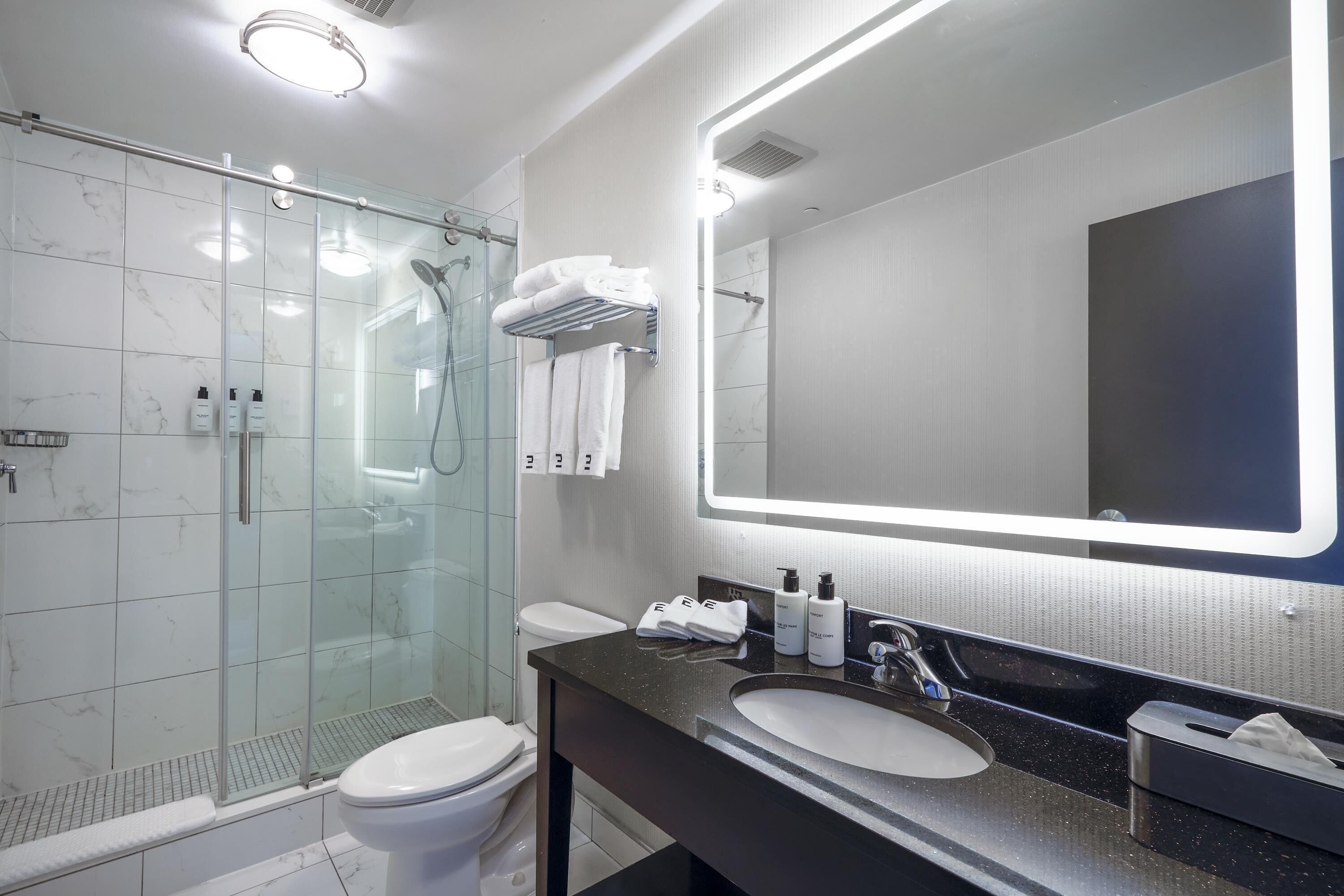 Une salle de bain moderne avec une douche à parois de verre, des toilettes blanches, un lavabo sur un plan de travail noir et un grand miroir.