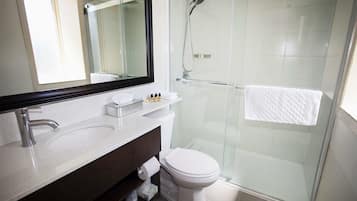 Une salle de bain moderne avec une douche à parois de verre, des toilettes blanches et un meuble-lavabo doté d’un miroir et d’un plan de travail.