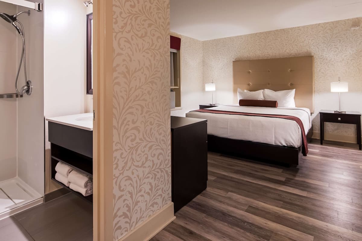 Habitación de hotel con ducha, tocador, cama con cabecera, mesita de noche y velador.