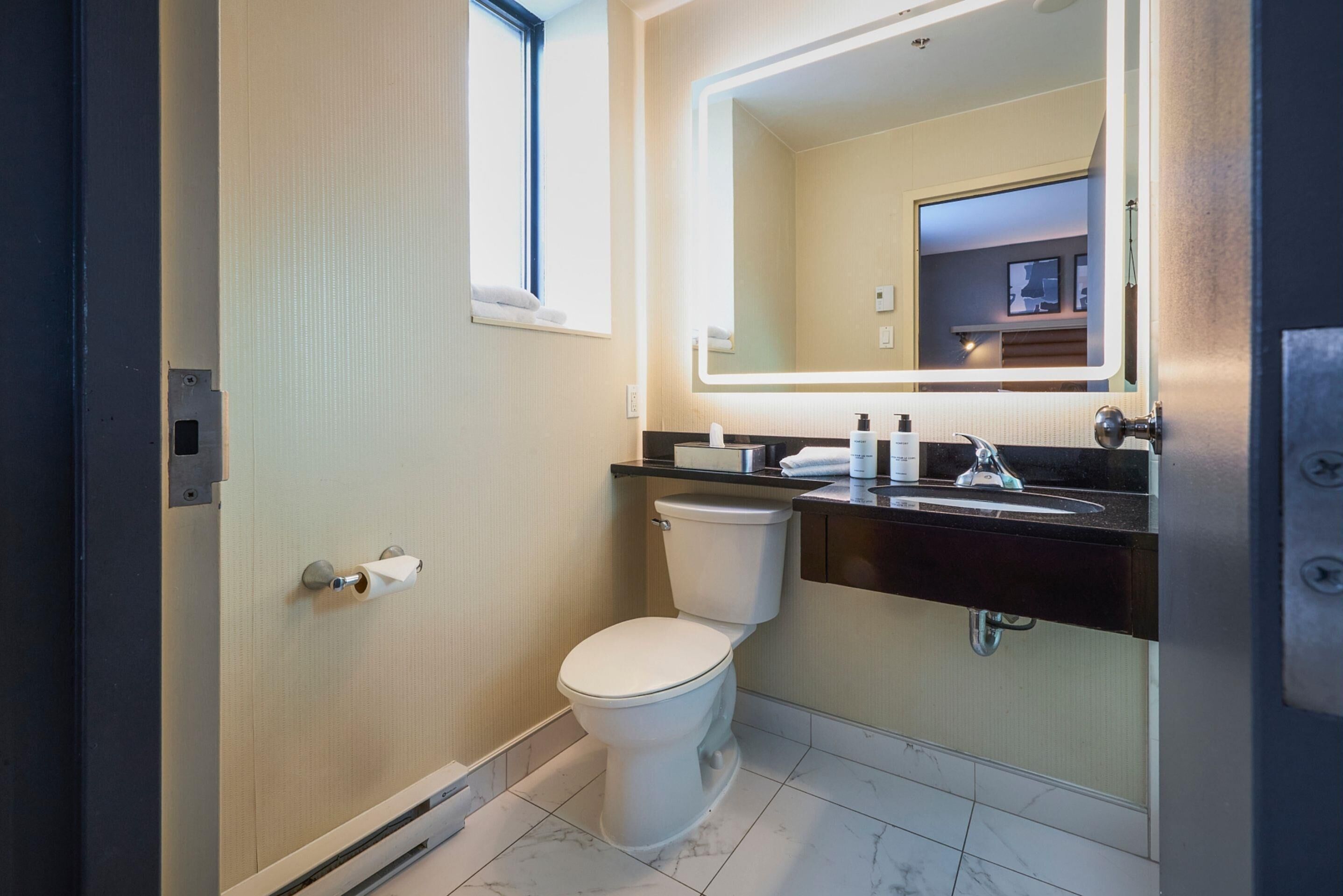 Une salle de bain moderne avec des toilettes, un lavabo et un miroir.