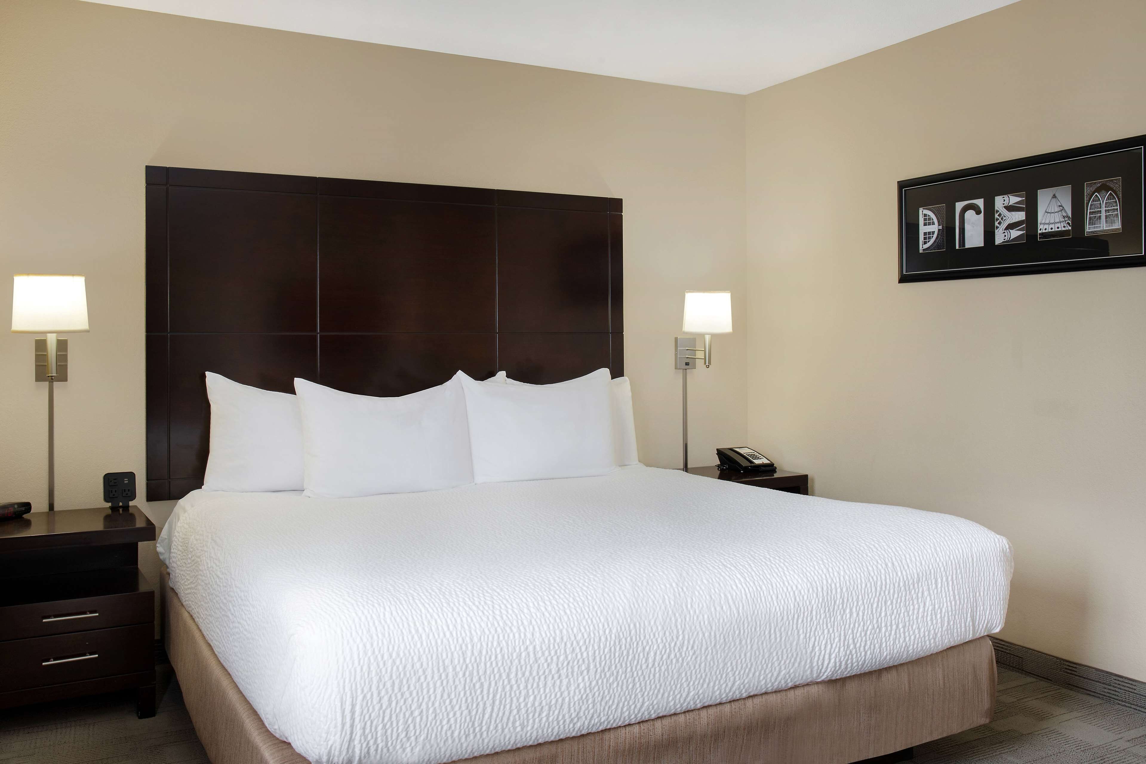 A hotel room with a large bed, two bedside tables, a headboard, and a wall-mounted picture.