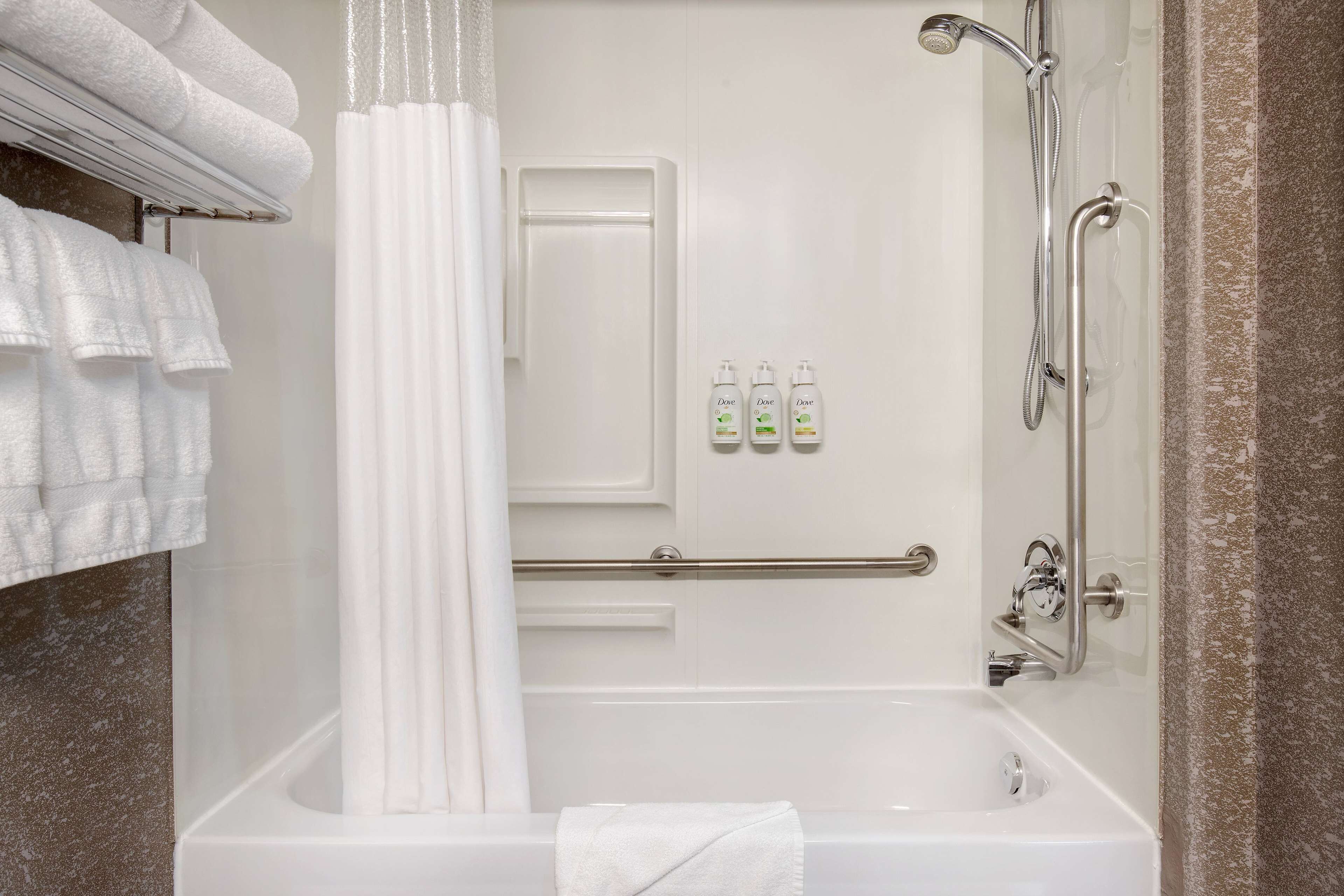 Accessible 1 Queen Bed Room with Sofa Bed | Bathroom | Free toiletries, hair dryer, towels