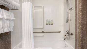 Accessible 1 Queen Bed Room with Sofa Bed | Bathroom | Free toiletries, hair dryer, towels