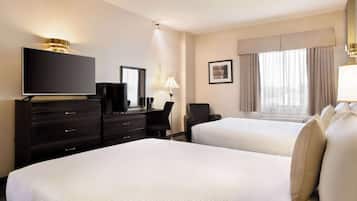 Desk, blackout drapes, iron/ironing board, bed sheets