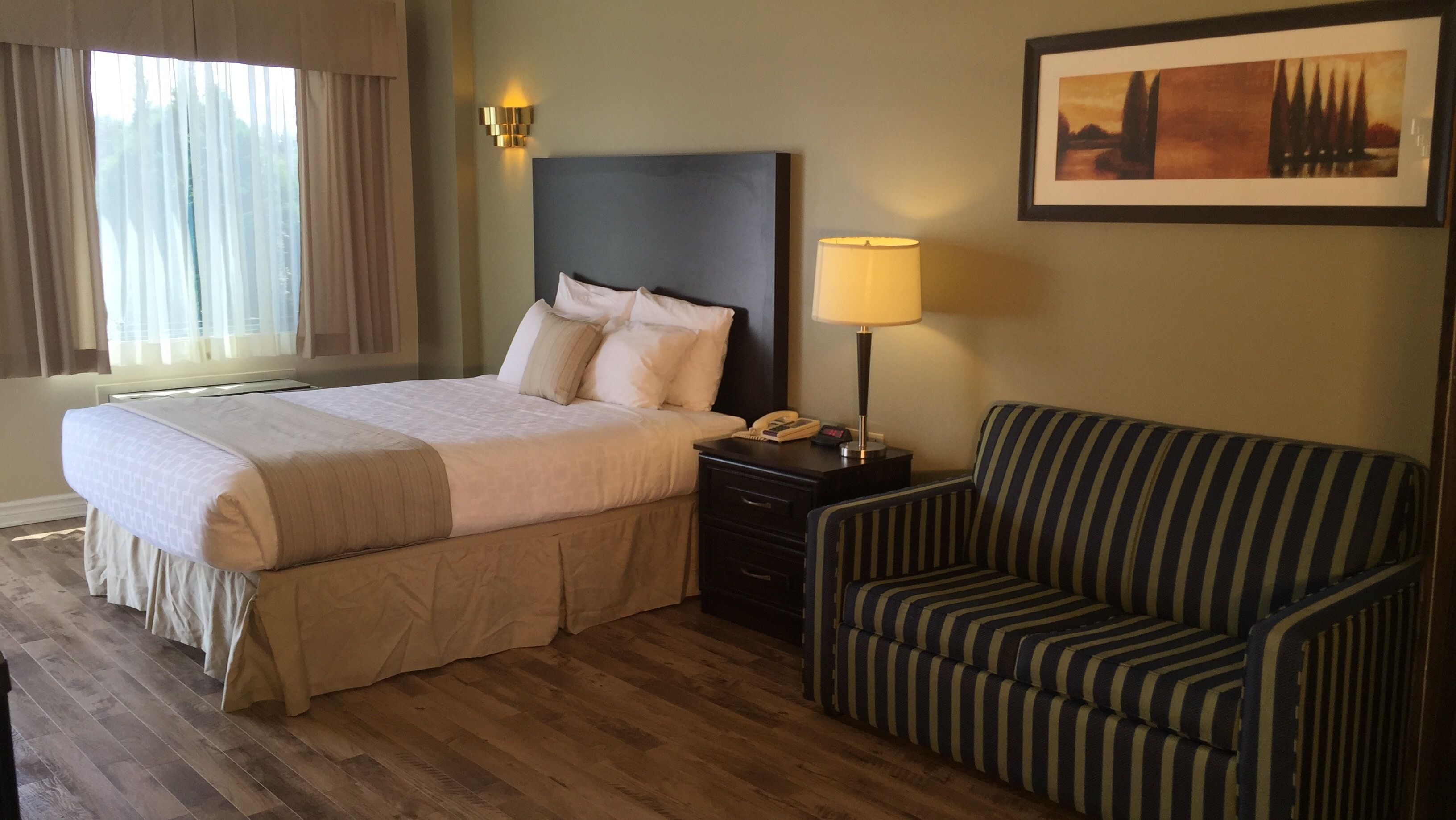 Una habitación de hotel con una cama, una mesita de noche, una lámpara, un sillón a rayas y un cuadro en la pared.