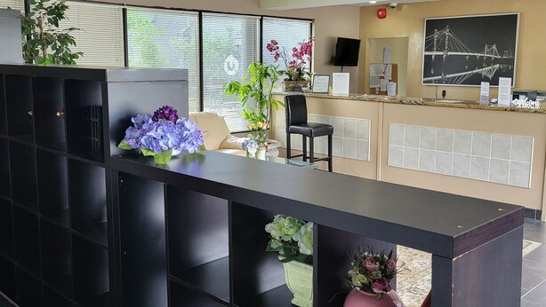 A reception area with a black reception desk, a chair, a potted plant, and a wall-mounted TV. - 7 Nights Stay (Niagara Falls)