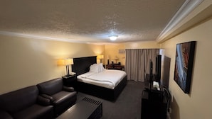 Une chambre d’hôtel avec un lit, un canapé, un bureau, une télévision et un tableau au mur.