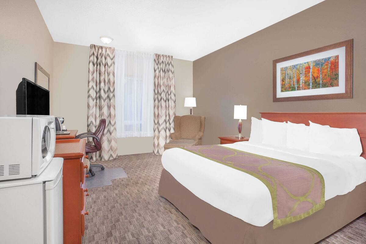 A hotel room with a large bed, a desk with a computer, a chair, a TV, and a painting on the wall.