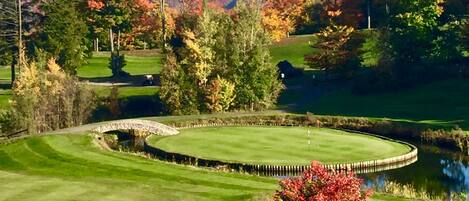 Ein Golfplatz mit Teich, Bäumen im Herbstlaub und blauem Himmel.