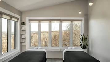 Two single beds align beside a large window with a serene natural view.