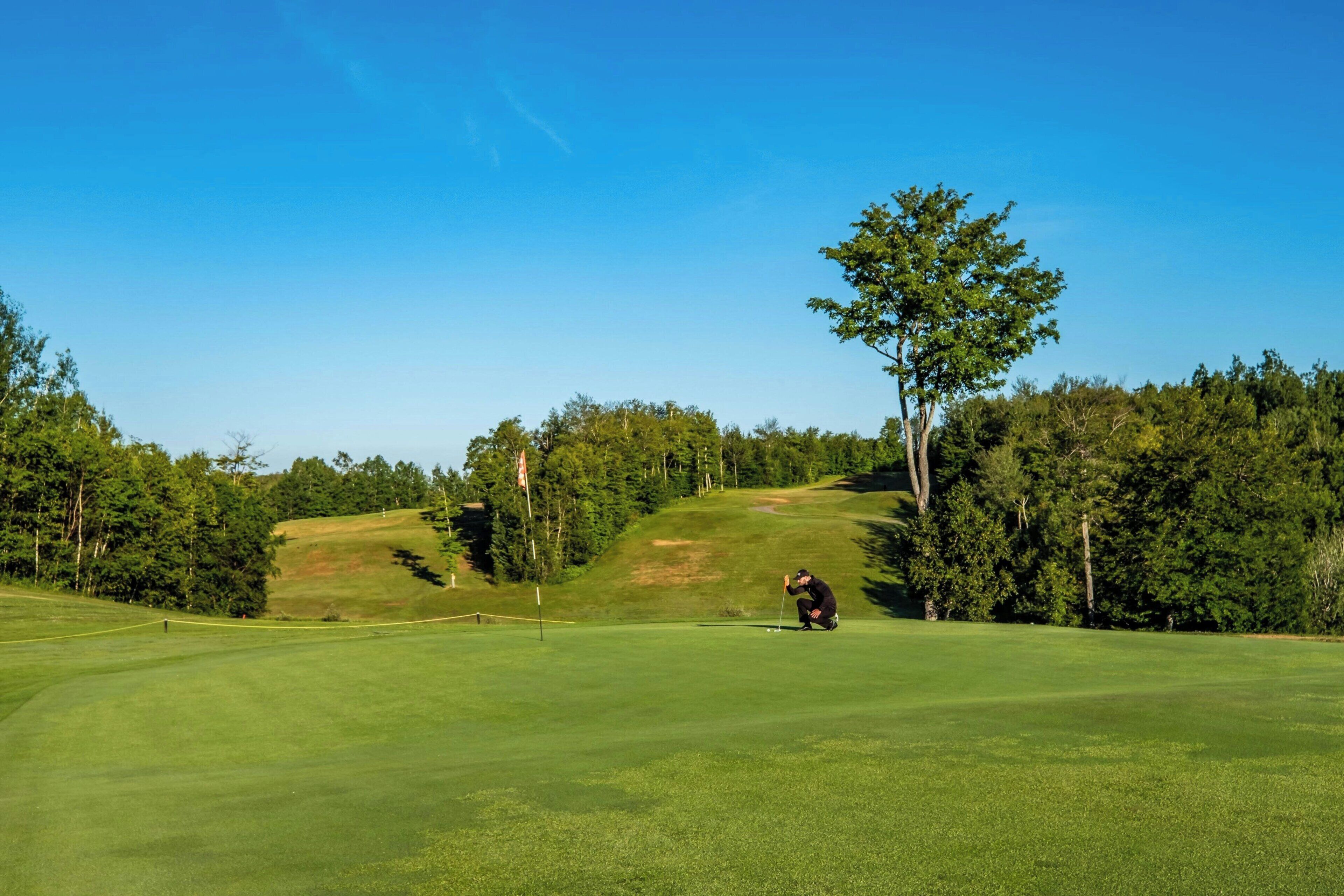 Golfkenttä, jonka yllä on kirkas taivas, ja maisemassa näkyy puita sekä golfaaja lyömässä palloa.