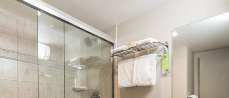 A modern bathroom with a glass-enclosed shower, a toilet, a sink, and a mirror.