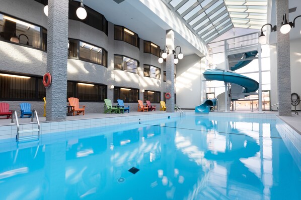 Indoor pool, open 8:00 AM to 9:30 PM, pool loungers