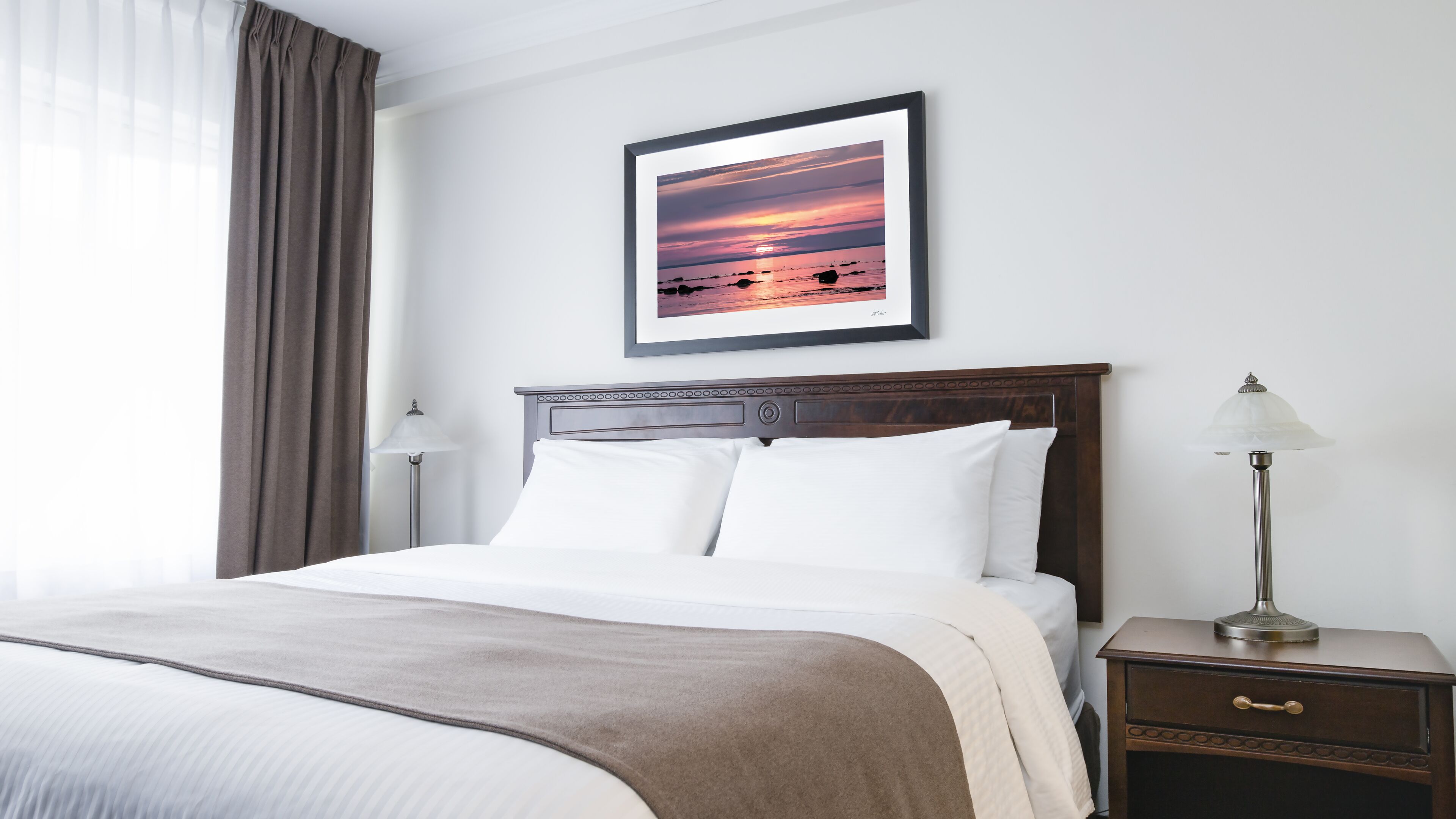 premium bedding, desk, laptop workspace, blackout curtains