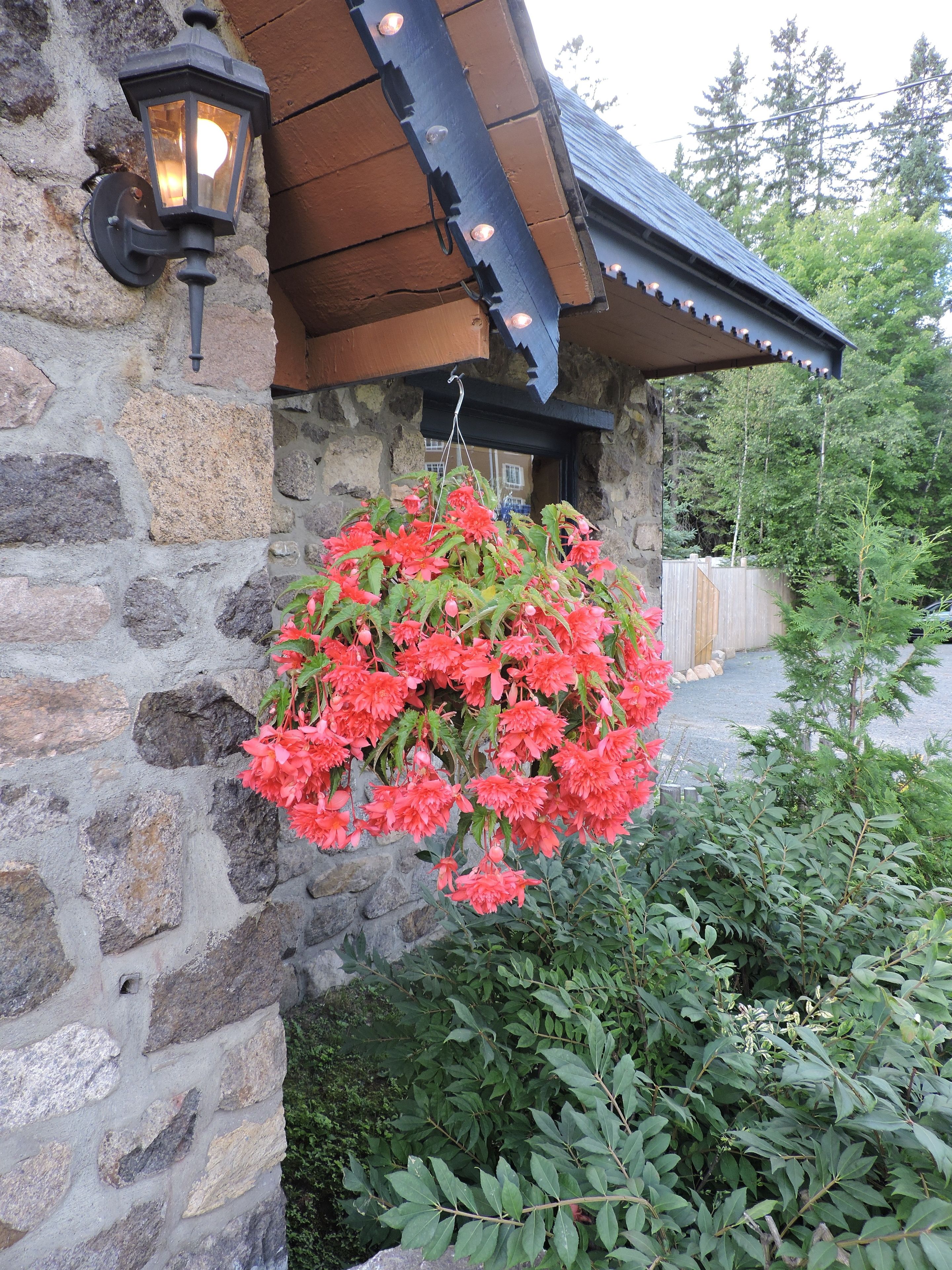 Un edificio de piedra con una maceta colgante de flores y un farol en la pared.
