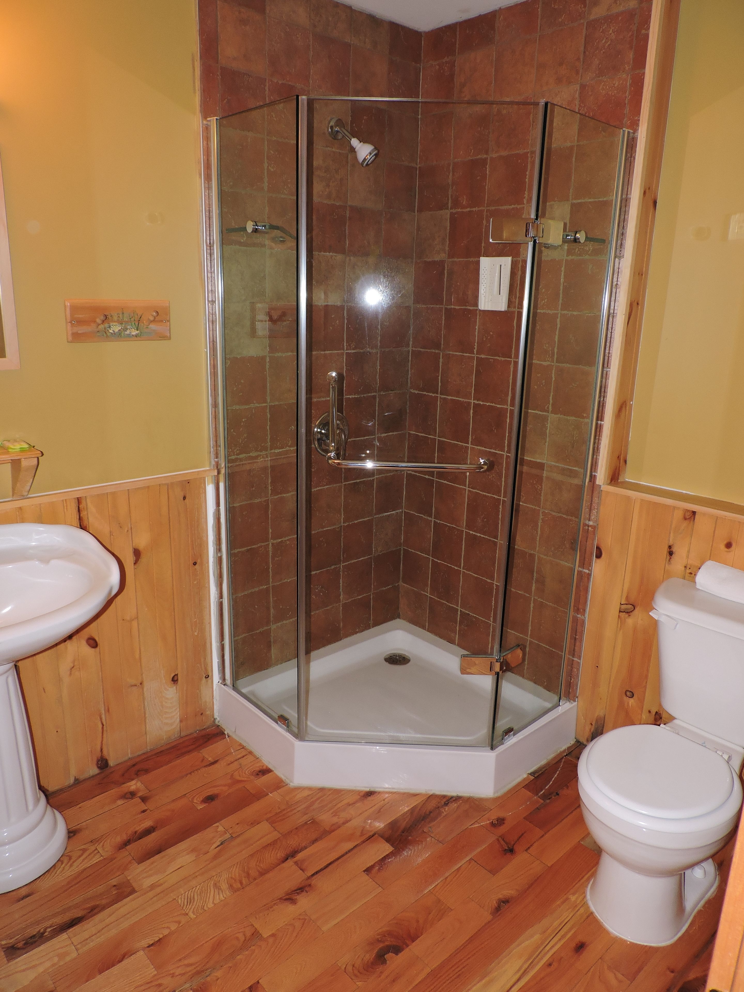 Ducha con puerta de vidrio, inodoro blanco y suelo de madera.