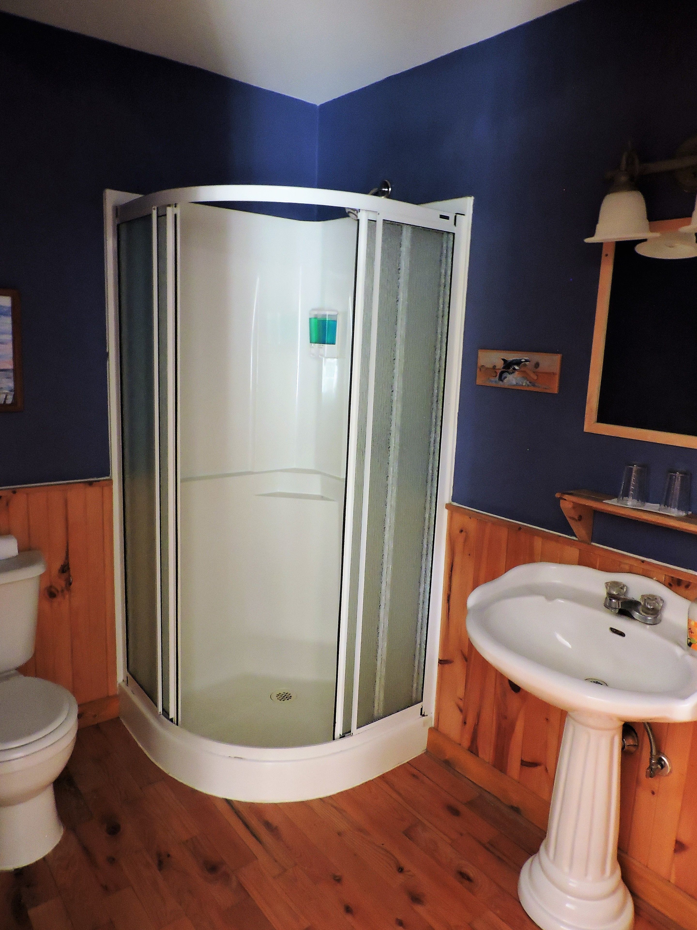 A bathroom with a glass shower enclosure, a white sink, and wooden paneling.