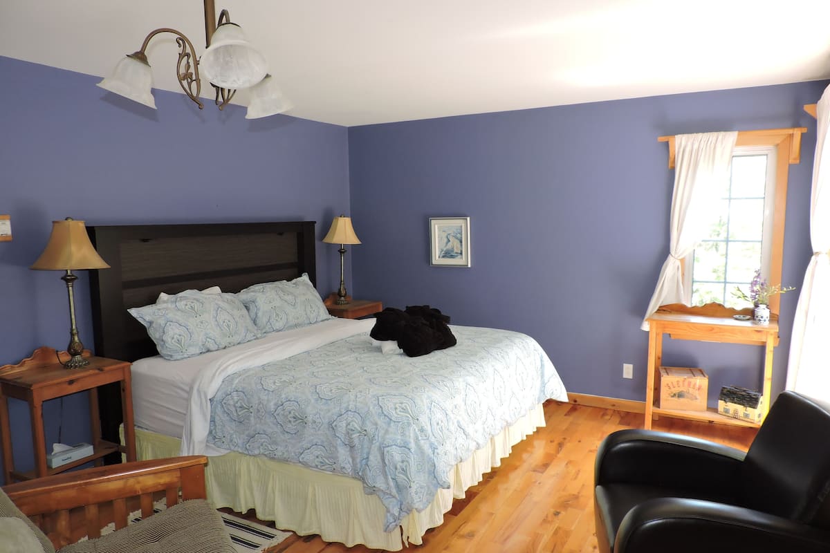 Quarto casal, 1 cama King, banheira de hidromassagem, vista para o rio | Espaço de trabalho para notebook, ferros/tábuas de passar roupa