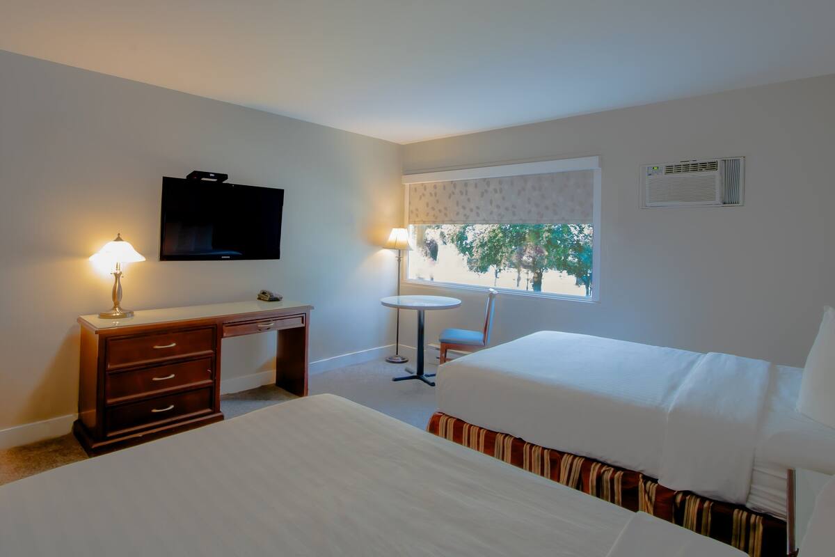 A hotel room with a bed, a desk with a lamp, a chair, a small table, a TV, and a window with a view of trees.