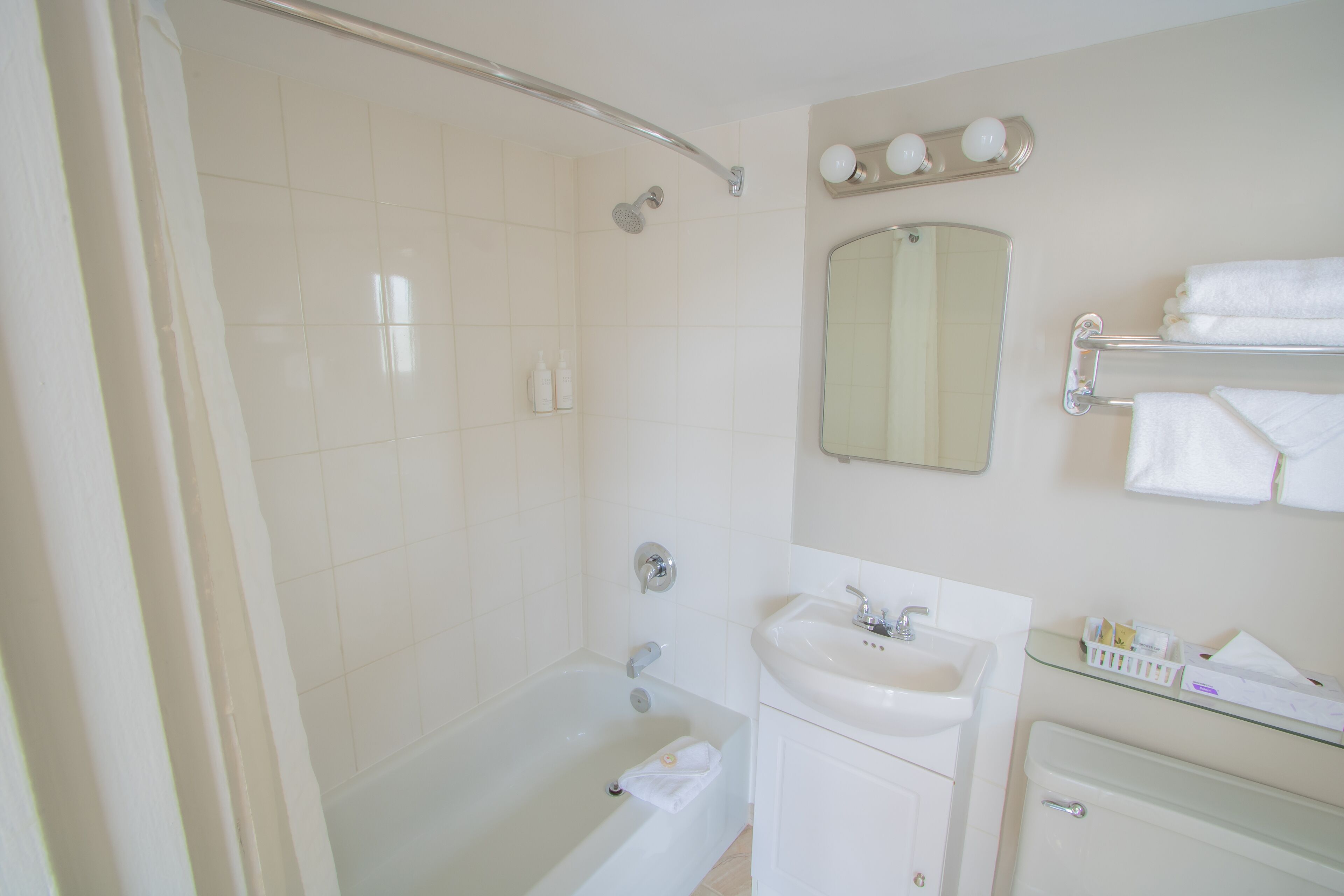 combined shower/bathtub, deep-soaking bathtub, free toiletries