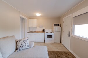 Un espacio habitable compacto con kitchenette, un sofá con cojín estampado y una ventana con persianas.