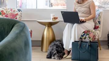 En person sidder i en stol med blomstermønster, med en bærbar computer, et lille bord med en kop, og en hund på gulvet.