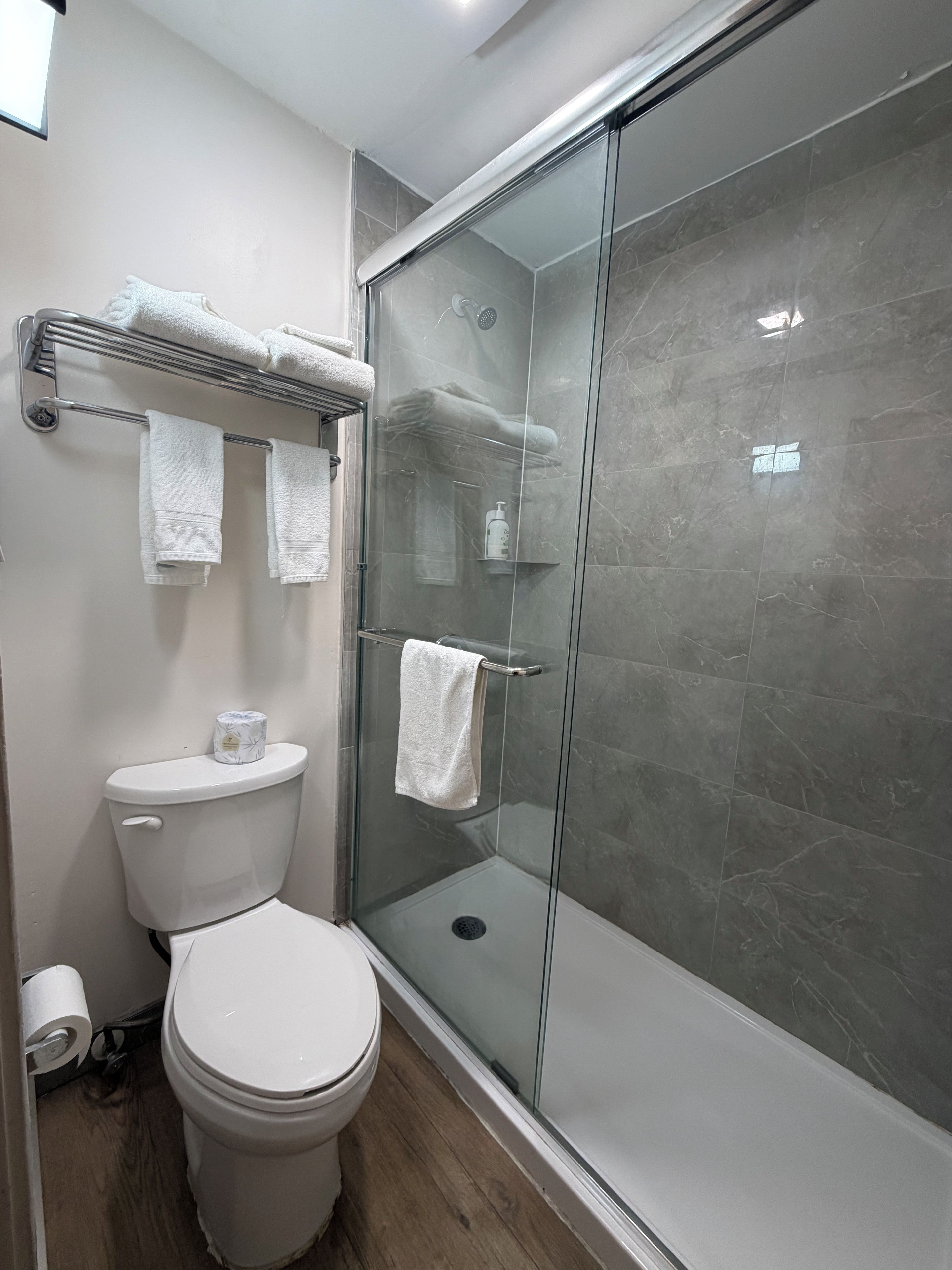 A modern bathroom with a glass-enclosed shower, a toilet, and a towel rack with multiple towels.