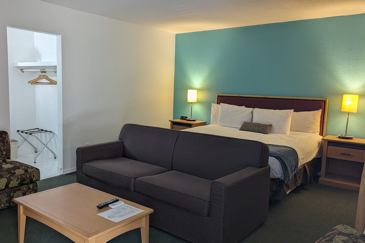 Een hotelkamer met een bed, een slaapbank, een tafeltje en een stoel.