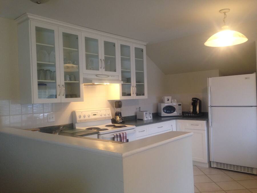 A kitchen with white cabinets, a stove, a microwave, and a refrigerator.