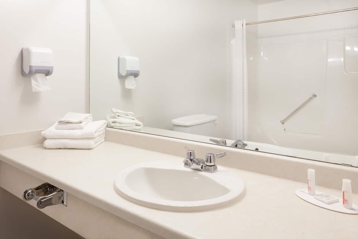 Combined shower/tub, deep soaking tub, free toiletries, hair dryer