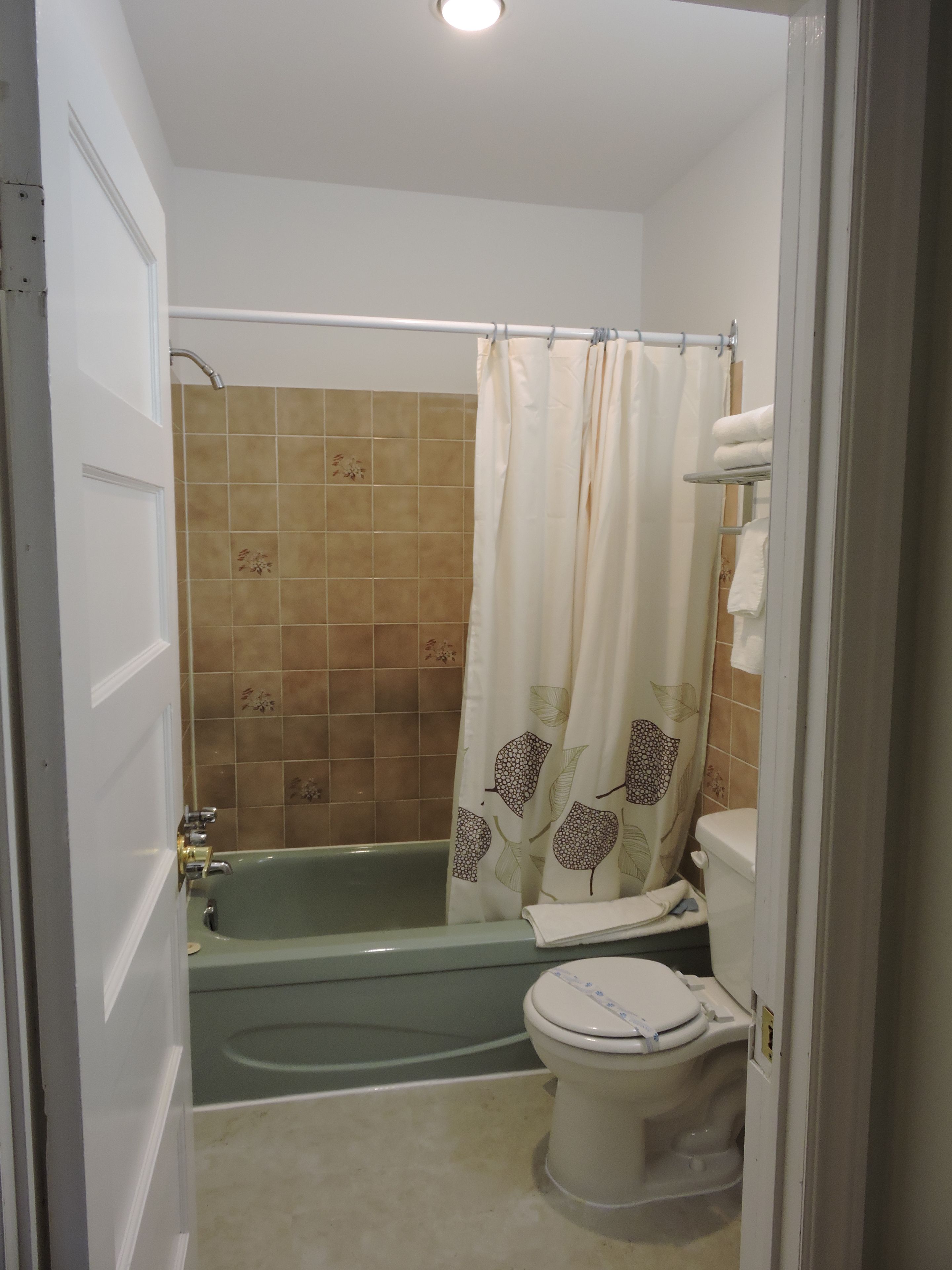 Un baño con bañera, inodoro y cortina de ducha.