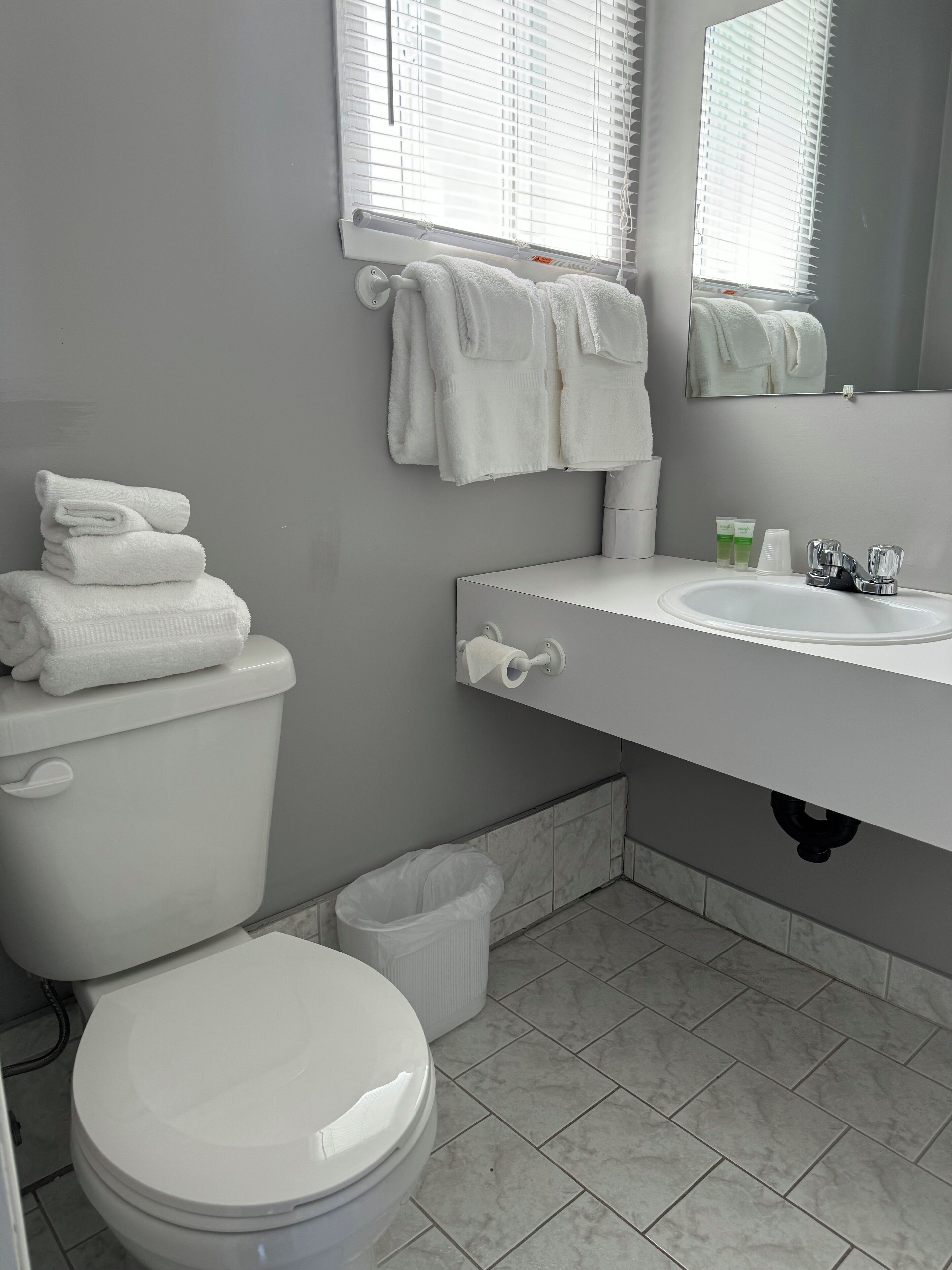 A modern bathroom with a toilet, sink, and a mirror.