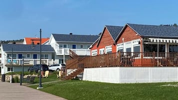 A residential area with houses, a wooden walkway, and a fenced yard.