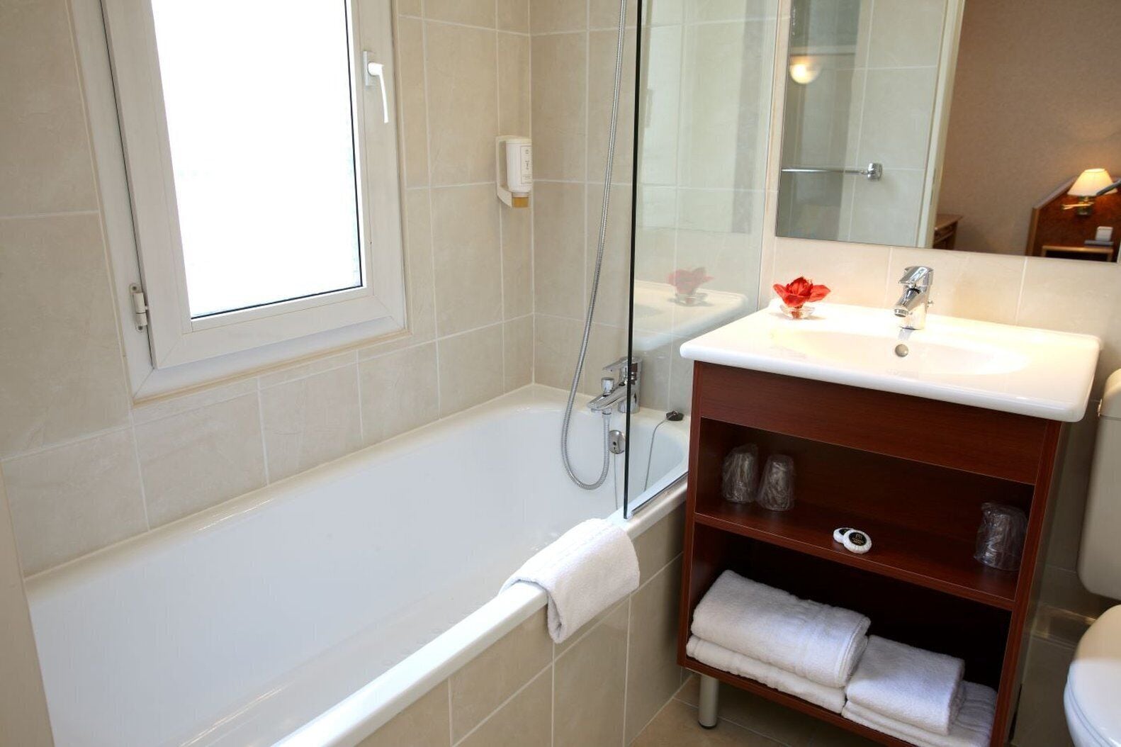 free toiletries, hair dryer, towels